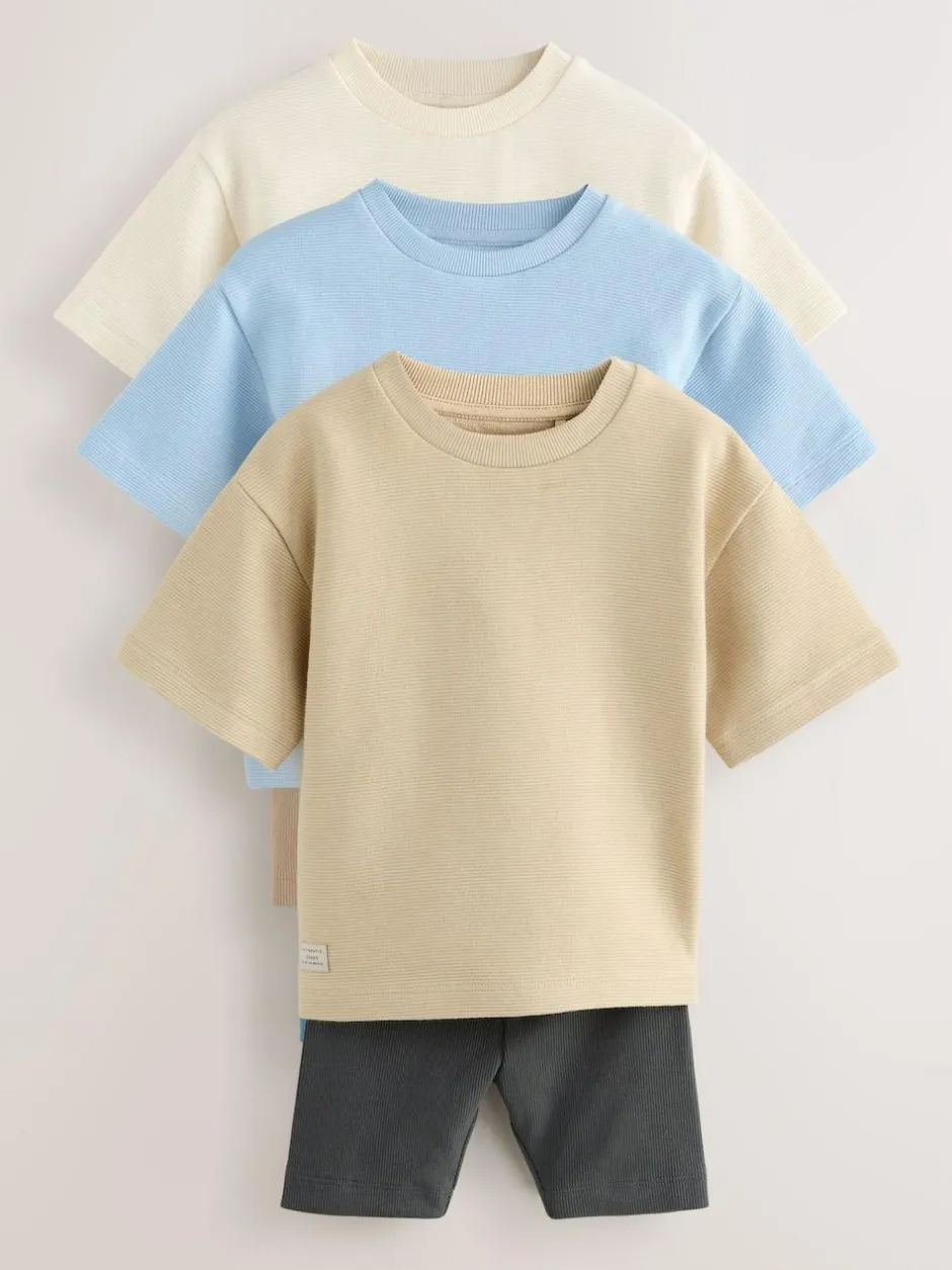Next Multi Neutral Short Sleeve Textured T-Shirts & Cycling Shorts 3 Pack (3mths-7yrs) Discount