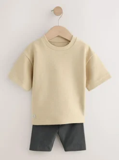Next Multi Neutral Short Sleeve Textured T-Shirts & Cycling Shorts 3 Pack (3mths-7yrs) Discount