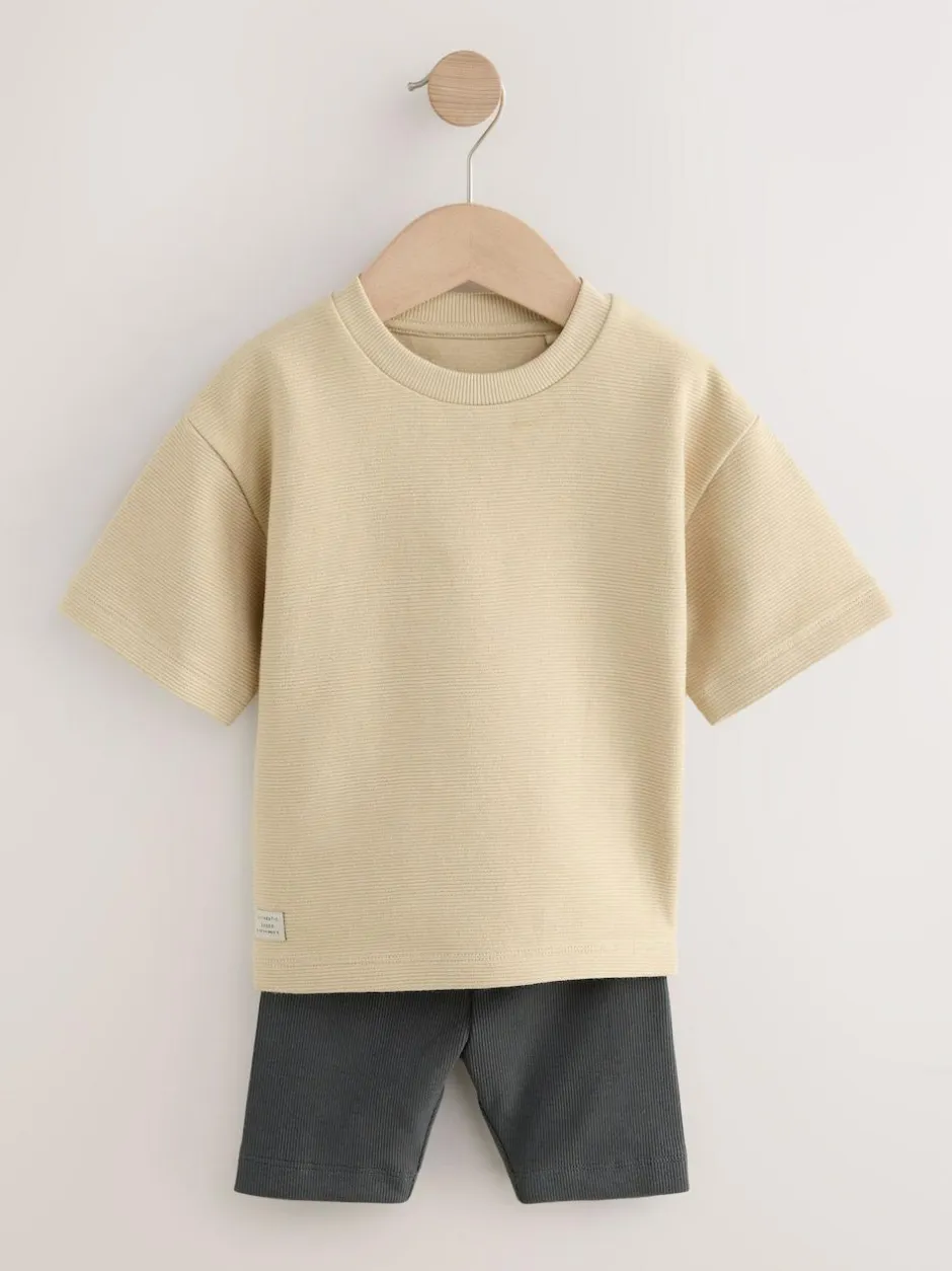 Next Multi Neutral Short Sleeve Textured T-Shirts & Cycling Shorts 3 Pack (3mths-7yrs) Discount