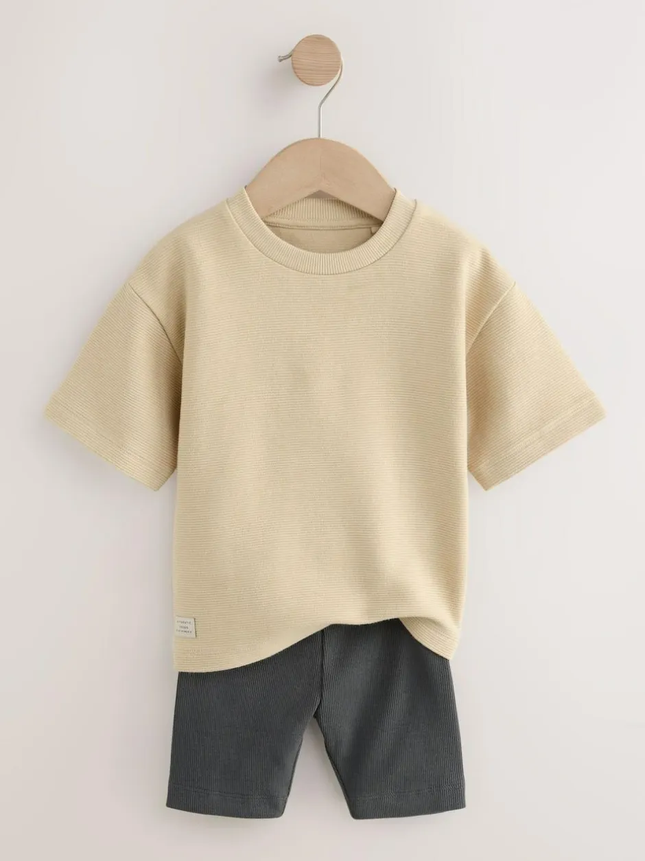 Next Multi Neutral Short Sleeve Textured T-Shirts & Cycling Shorts 3 Pack (3mths-7yrs) Discount