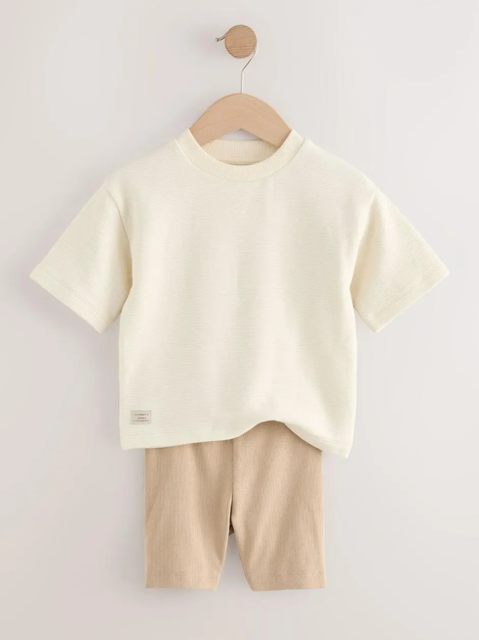 Next Multi Neutral Short Sleeve Textured T-Shirts & Cycling Shorts 3 Pack (3mths-7yrs) Discount