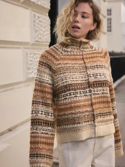 Next Stand Neck Fairisle Pattern Stitch Knitted Jumper Multi Neutral Clearance