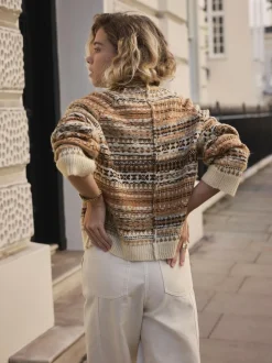Next Stand Neck Fairisle Pattern Stitch Knitted Jumper Multi Neutral Clearance