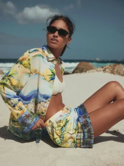 Next Multi Scenic Print Relaxed Long Sleeve Shirt With Linen Clearance