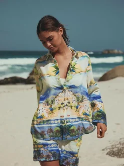 Next Multi Scenic Print Relaxed Long Sleeve Shirt With Linen Clearance