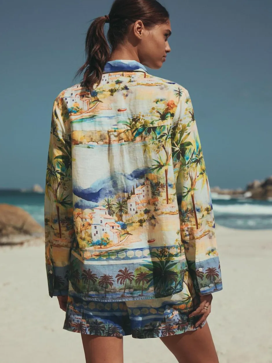 Next Multi Scenic Print Relaxed Long Sleeve Shirt With Linen Clearance