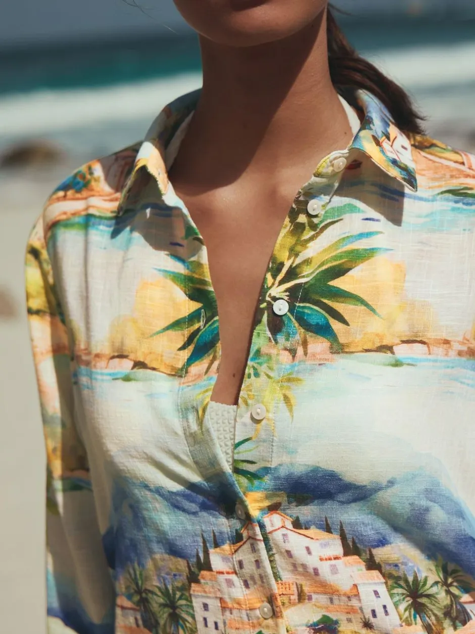 Next Multi Scenic Print Relaxed Long Sleeve Shirt With Linen Clearance