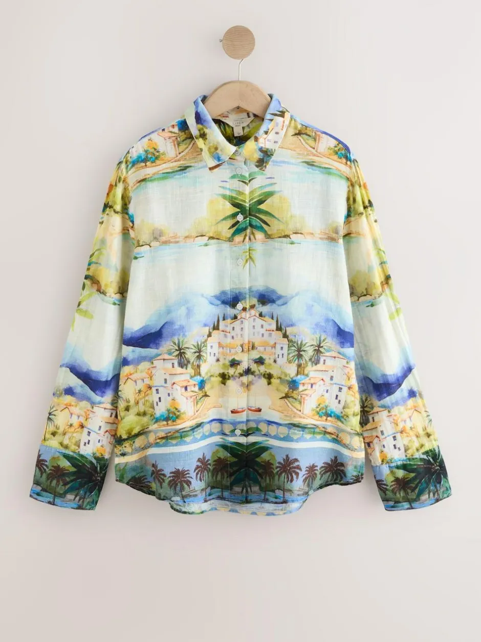 Next Multi Scenic Print Relaxed Long Sleeve Shirt With Linen Clearance