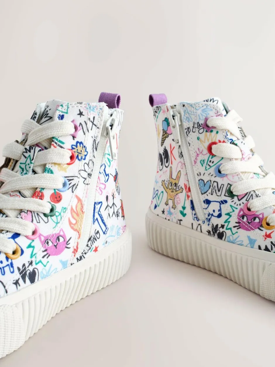 Next Multi Sketchy Print Standard Fit (F) Lace Up High Top Trainers