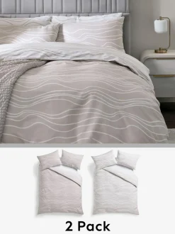Next 2 Pack Reversible Duvet Cover and Pillowcase Set Natural Beige/White Wave Clearance