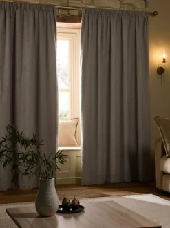 Next Brushed Herringbone Pencil Pleat Blackout Thermal Curtains Natural