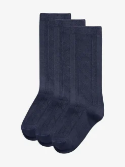 Next 3 Pack Cotton Rich Pointelle Knee High School Socks Navy Blue Clearance