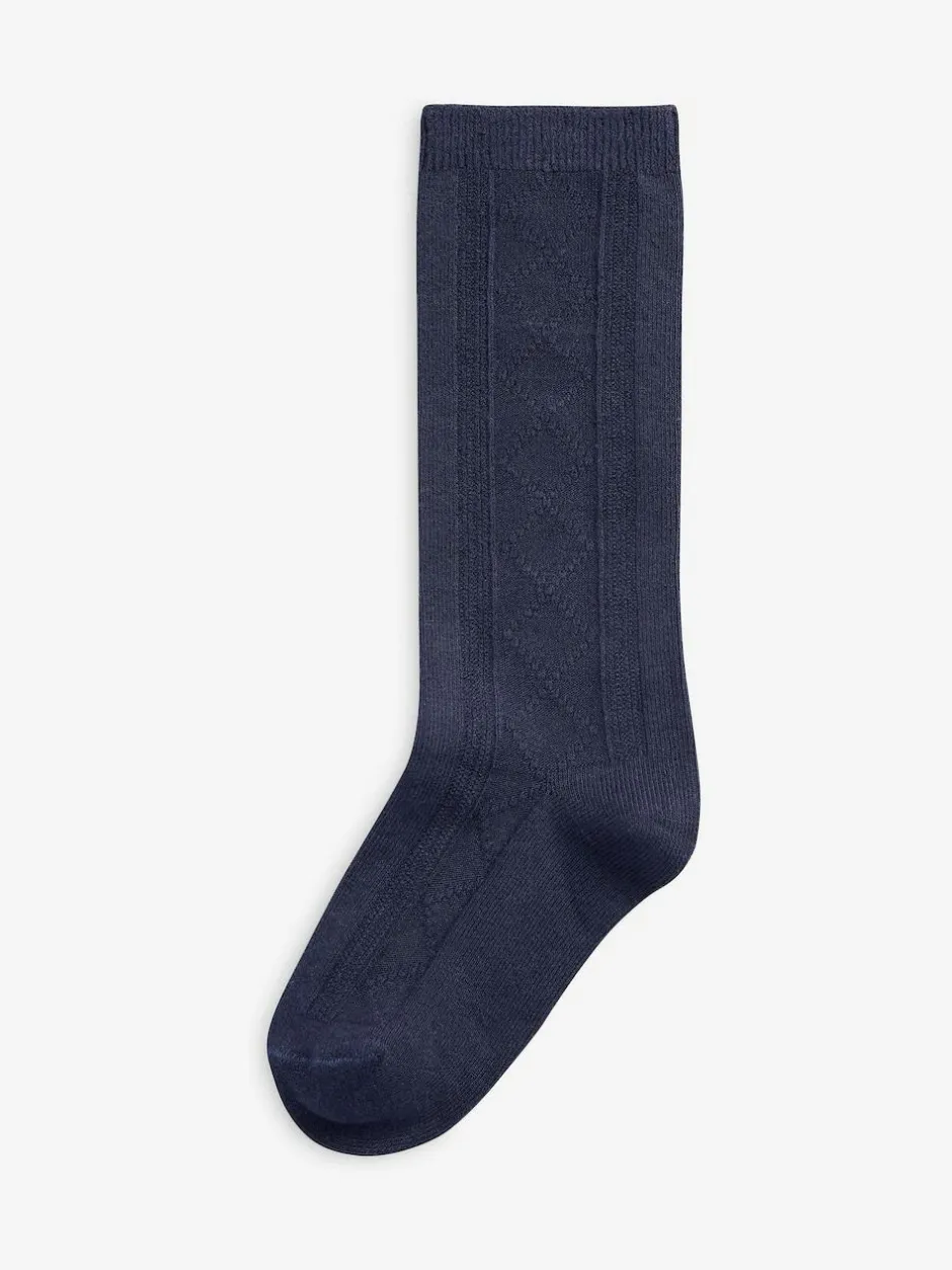 Next 3 Pack Cotton Rich Pointelle Knee High School Socks Navy Blue Clearance