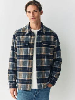 Next Navy Blue Borg Lined Check Shacket Discount