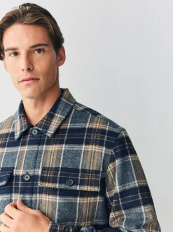 Next Navy Blue Borg Lined Check Shacket Discount