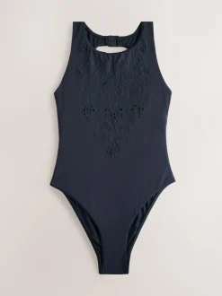 Next Navy Blue Broderie Cutwork High Neck Tummy Control Swimsuit Hot