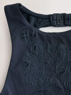 Next Navy Blue Broderie Cutwork High Neck Tummy Control Swimsuit Hot