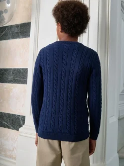 Next Navy Blue Cable Knit Crew Neck Jumper (3-16yrs) New