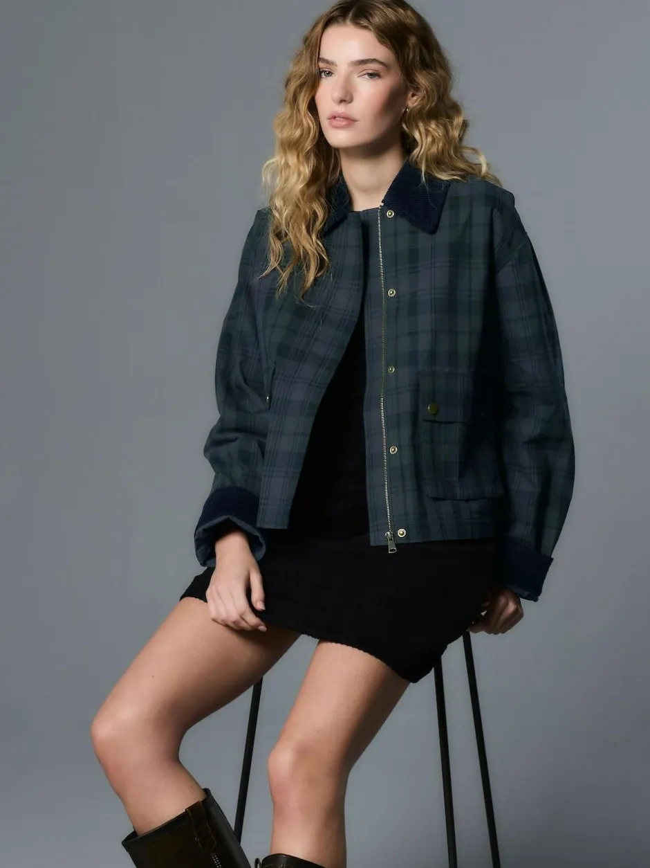 Next Navy Blue Check Hertiage Cord Collar Jacket Hot