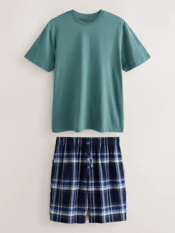 Next Navy Blue Check Short Sleeve Pyjamas Set Hot