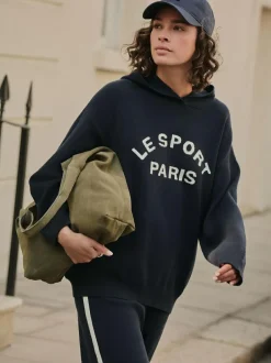 Next Compact Cosy Graphic Long Sleeve Hoodie Navy Blue Sale