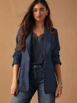 Next Navy Blue Denim Look Fitted Single Breasted Blazer Best
