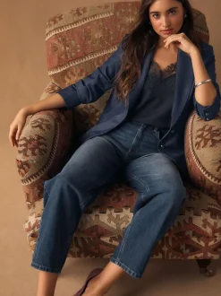 Next Navy Blue Denim Look Fitted Single Breasted Blazer Best