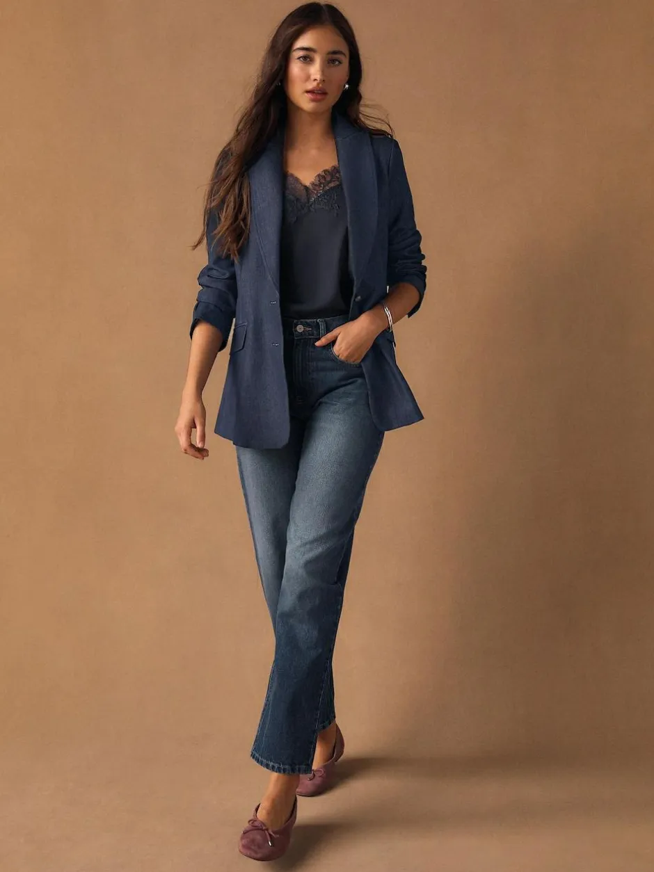 Next Navy Blue Denim Look Fitted Single Breasted Blazer Best