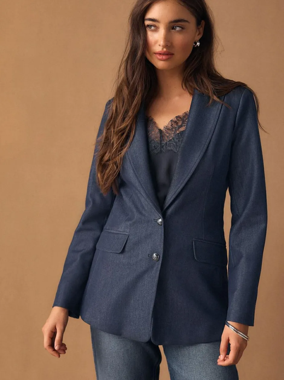 Next Navy Blue Denim Look Fitted Single Breasted Blazer Best