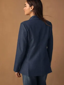 Next Navy Blue Denim Look Fitted Single Breasted Blazer Best