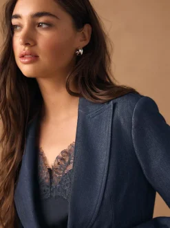 Next Navy Blue Denim Look Fitted Single Breasted Blazer Best