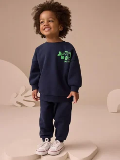 Next Single Printed Crew Neck Sweat Top & Joggers Set (3mths-7yrs) Navy Blue Digger Outlet