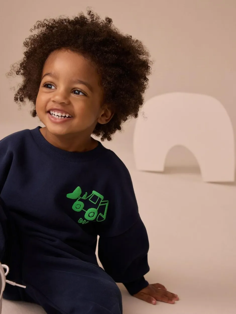 Next Single Printed Crew Neck Sweat Top & Joggers Set (3mths-7yrs) Navy Blue Digger Outlet