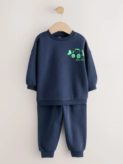 Next Single Printed Crew Neck Sweat Top & Joggers Set (3mths-7yrs) Navy Blue Digger Outlet