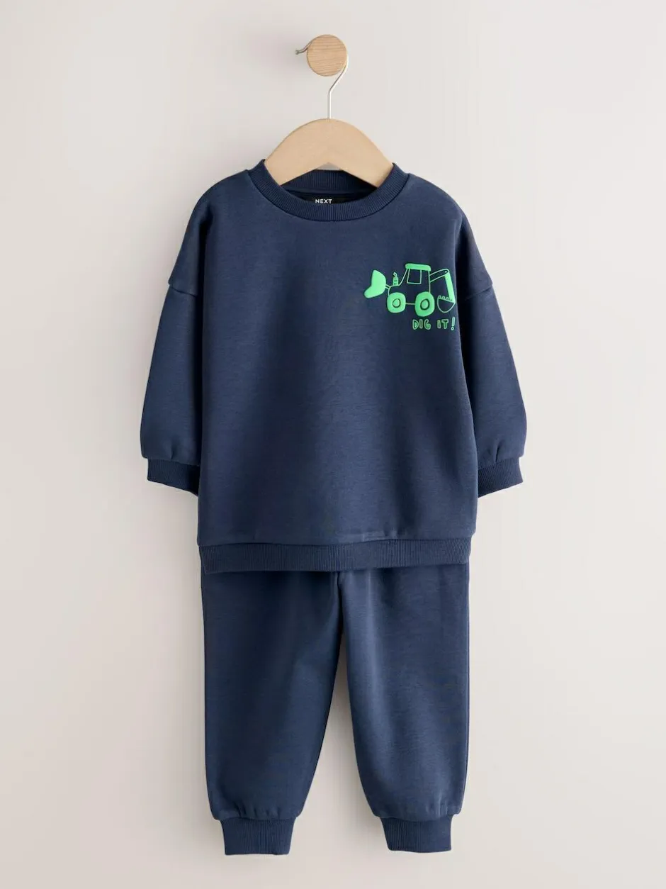 Next Single Printed Crew Neck Sweat Top & Joggers Set (3mths-7yrs) Navy Blue Digger Outlet
