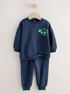 Next Single Printed Crew Neck Sweat Top & Joggers Set (3mths-7yrs) Navy Blue Digger Outlet