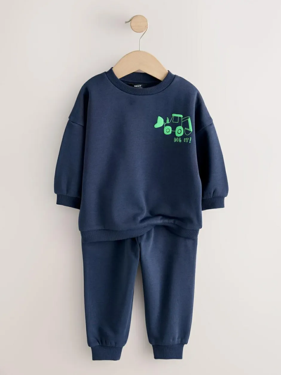 Next Single Printed Crew Neck Sweat Top & Joggers Set (3mths-7yrs) Navy Blue Digger Outlet