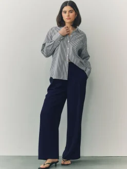 Next Elastic Back Wide Leg Trousers Navy Blue Sale