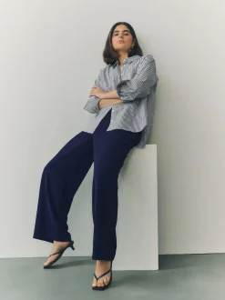 Next Elastic Back Wide Leg Trousers Navy Blue Sale