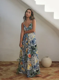 Next Fruit Print Volume Maxi Dress Navy Blue Floral Hot