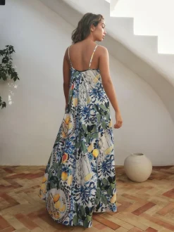 Next Fruit Print Volume Maxi Dress Navy Blue Floral Hot
