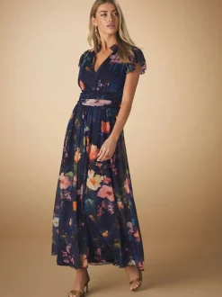 Next Pleated Mesh Print V-Neck Occasion Maxi Dress Navy Blue Floral Discount
