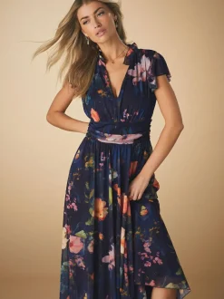 Next Pleated Mesh Print V-Neck Occasion Maxi Dress Navy Blue Floral Discount