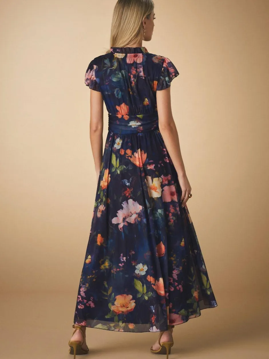 Next Pleated Mesh Print V-Neck Occasion Maxi Dress Navy Blue Floral Discount