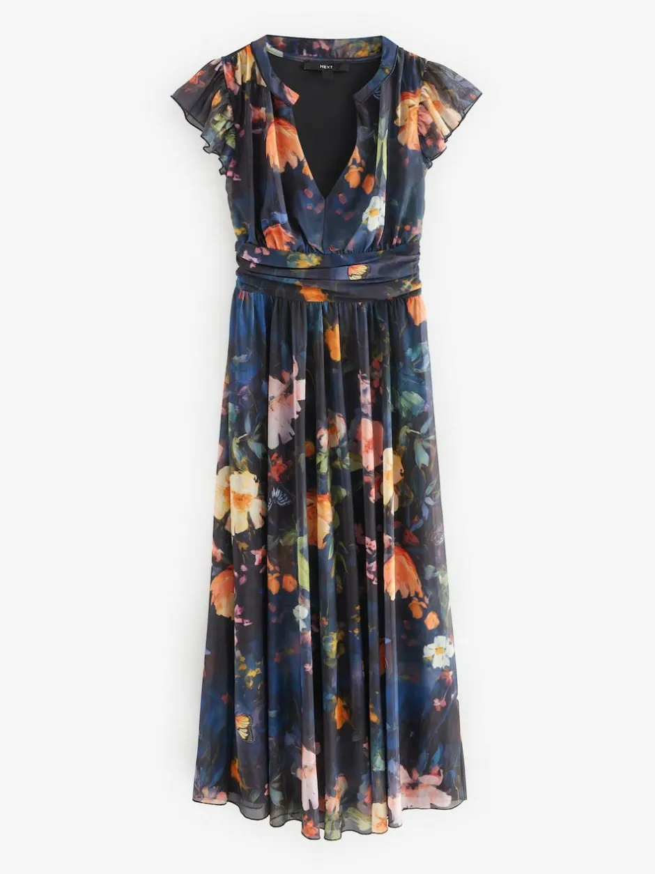 Next Pleated Mesh Print V-Neck Occasion Maxi Dress Navy Blue Floral Discount
