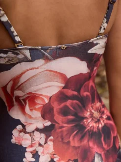 Next Navy Blue Floral Shaping Tummy Control Bandeau Swimsuit
