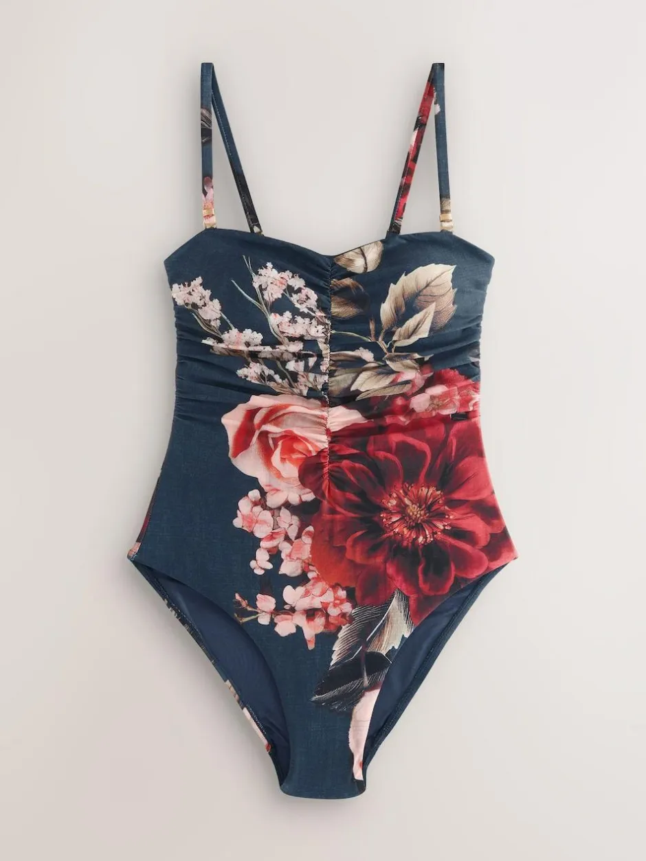 Next Navy Blue Floral Shaping Tummy Control Bandeau Swimsuit