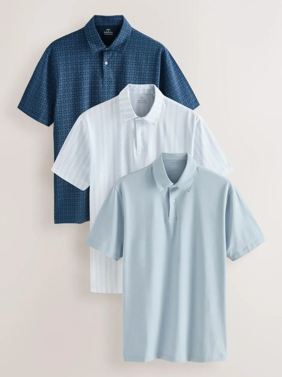 Next Navy Blue Geo Regular Fit Short Sleeve Jersey Polo Shirts 3 Pack Hot