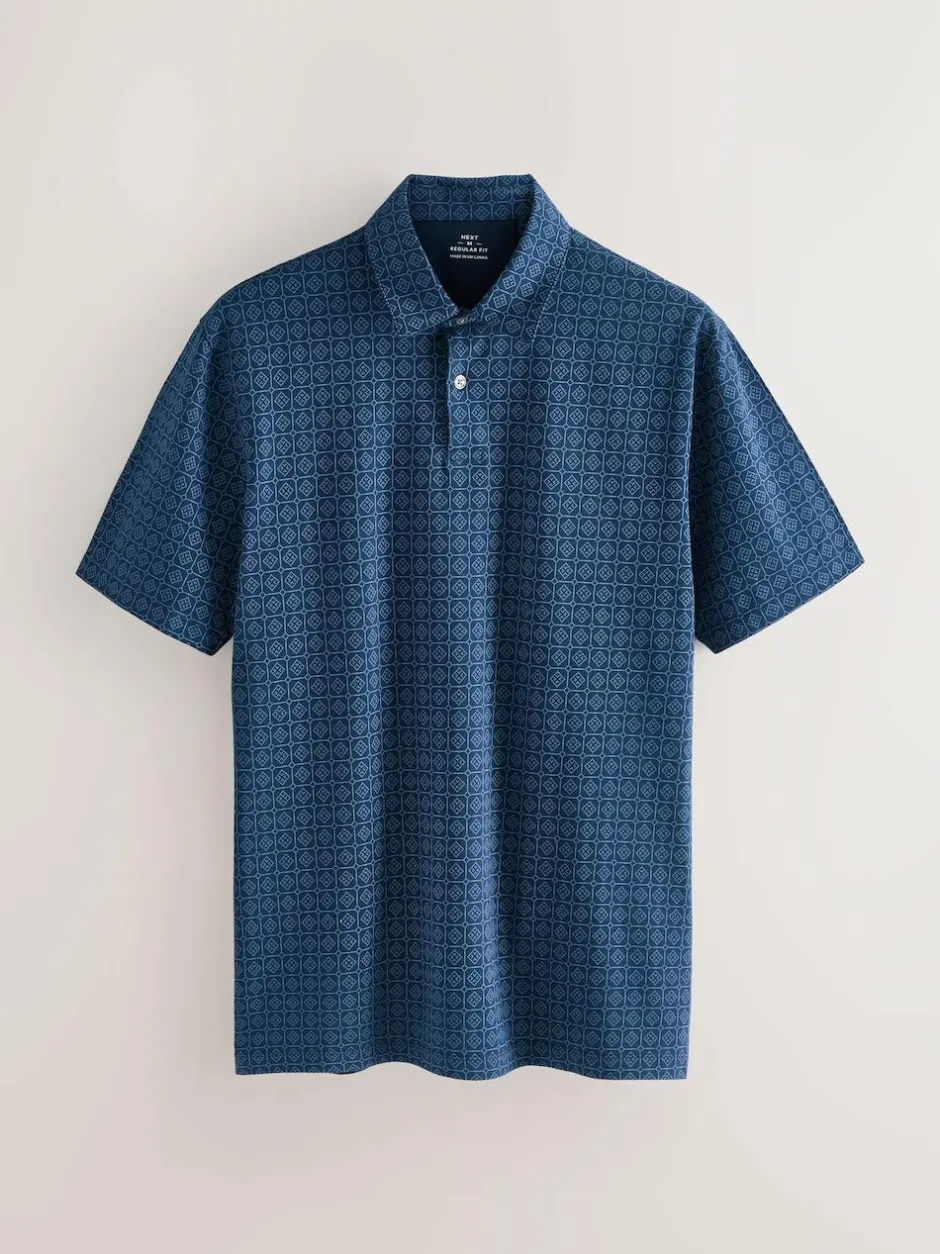 Next Navy Blue Geo Regular Fit Short Sleeve Jersey Polo Shirts 3 Pack Hot