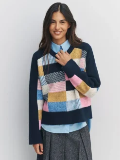 Next Navy Blue Multi Patched Crew Neck Knitted Jumper with Wool